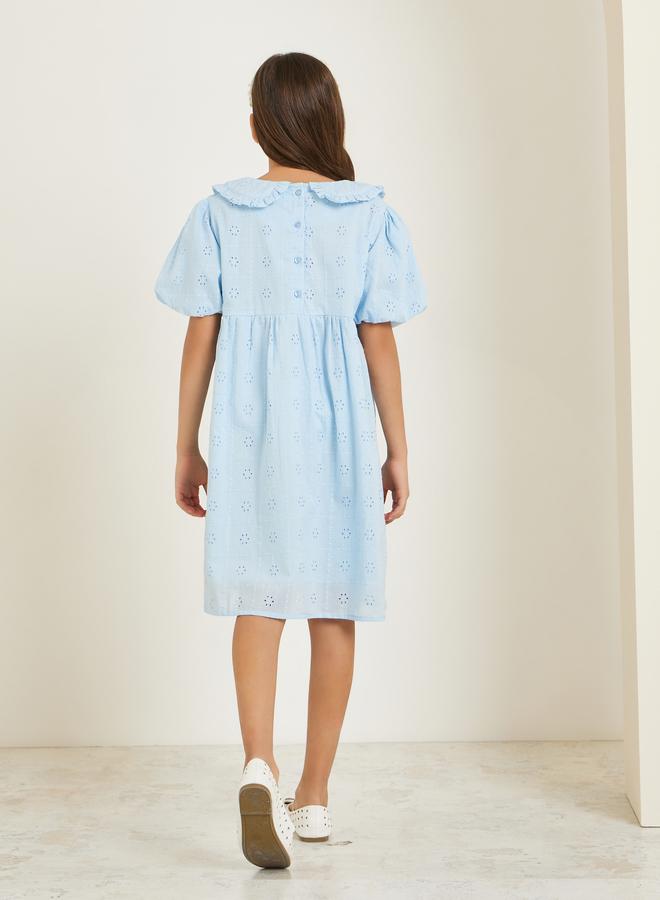 Styli Girls Blue Schiffli Puff Sleeve Midi Dress - Image 3